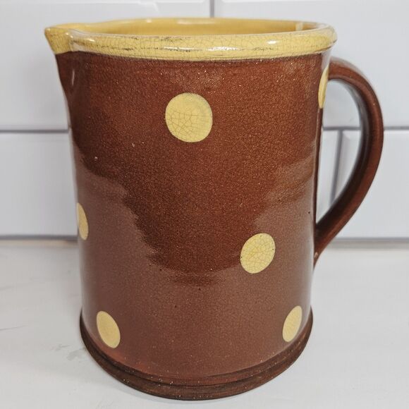 Antique Wisconsin ERIC ANDERSON RED Slip Ware Art Pottery Picher Jug Yellow Dot - Picture 12 of 12